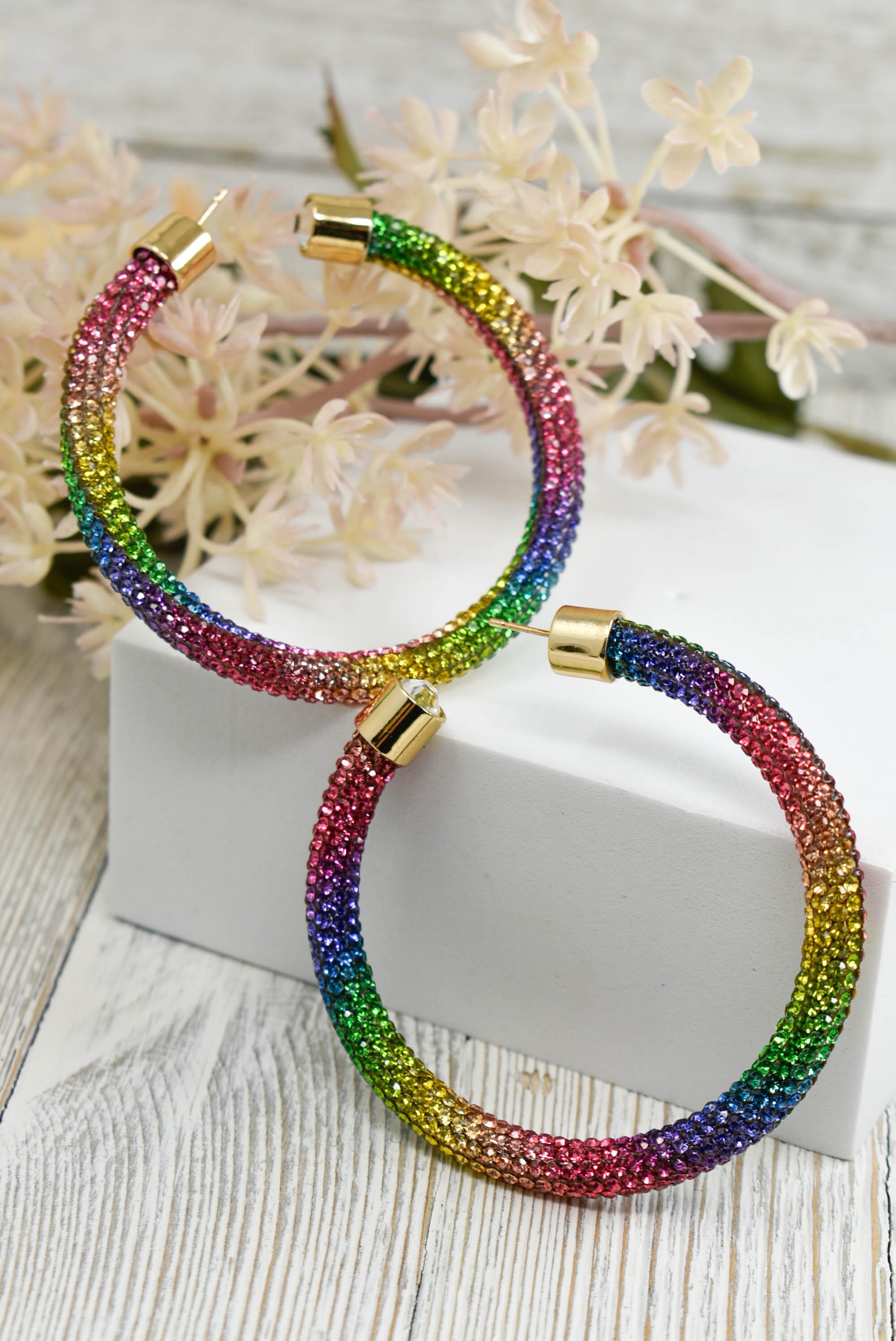 2.5" Ladies Bohemian Multicolor Rainbow Rhinestone Sparkle Wrap Pave Open Hoop Earrings Stone Accent Women Party Night Out