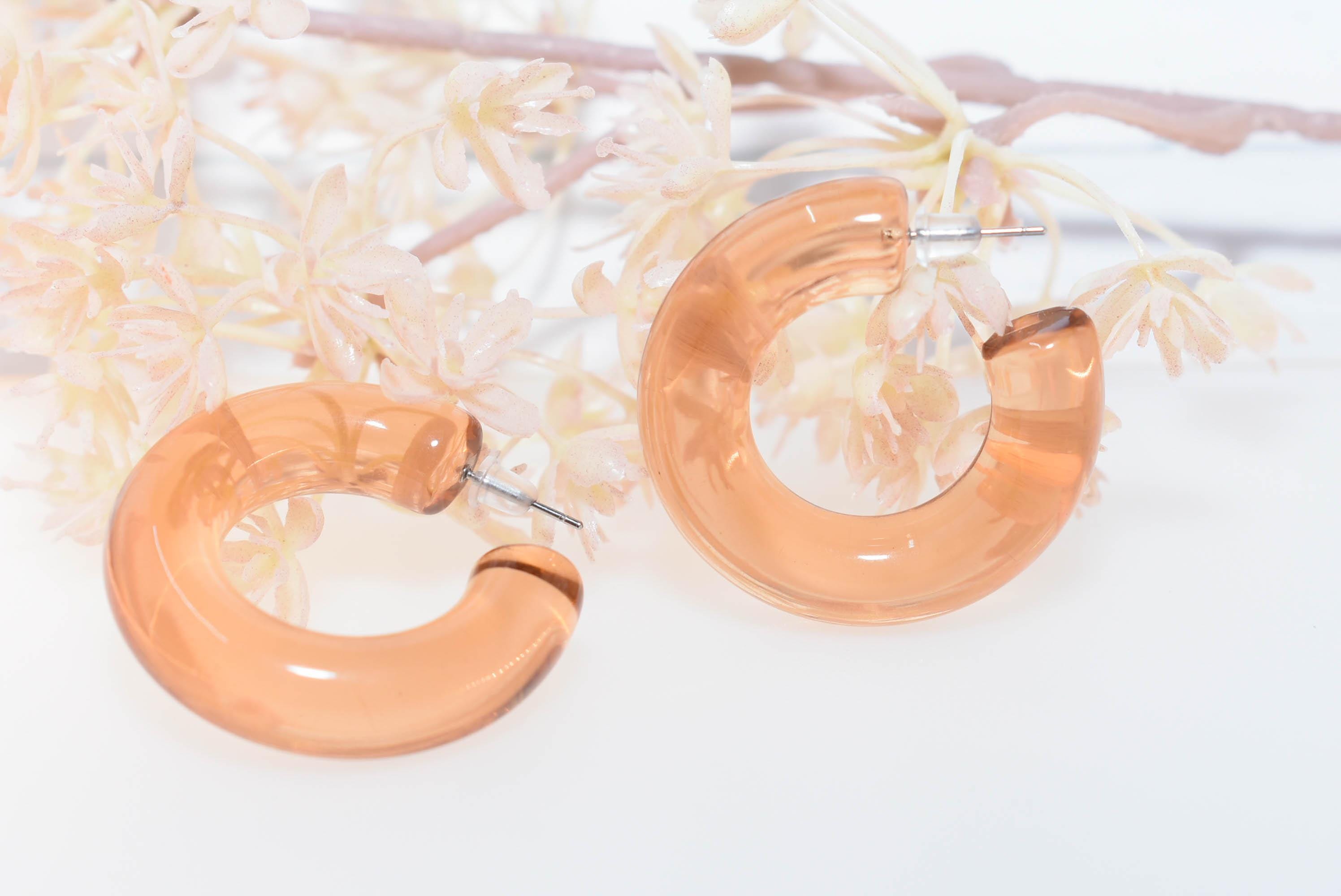 Translucent Light Amber Retro Boho Semi Chunky Lucite Jelly 1.5" Hoop Earrings