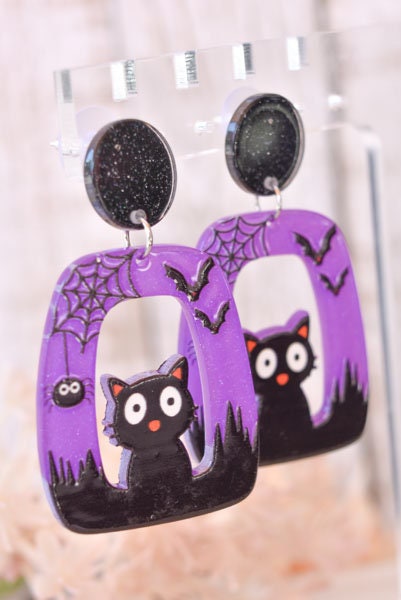 Abstract Shape Halloween Cute Cat Glitter Acrylic Purple Holiday Women Girls Dangle Earrings Emo Goth Steampunk