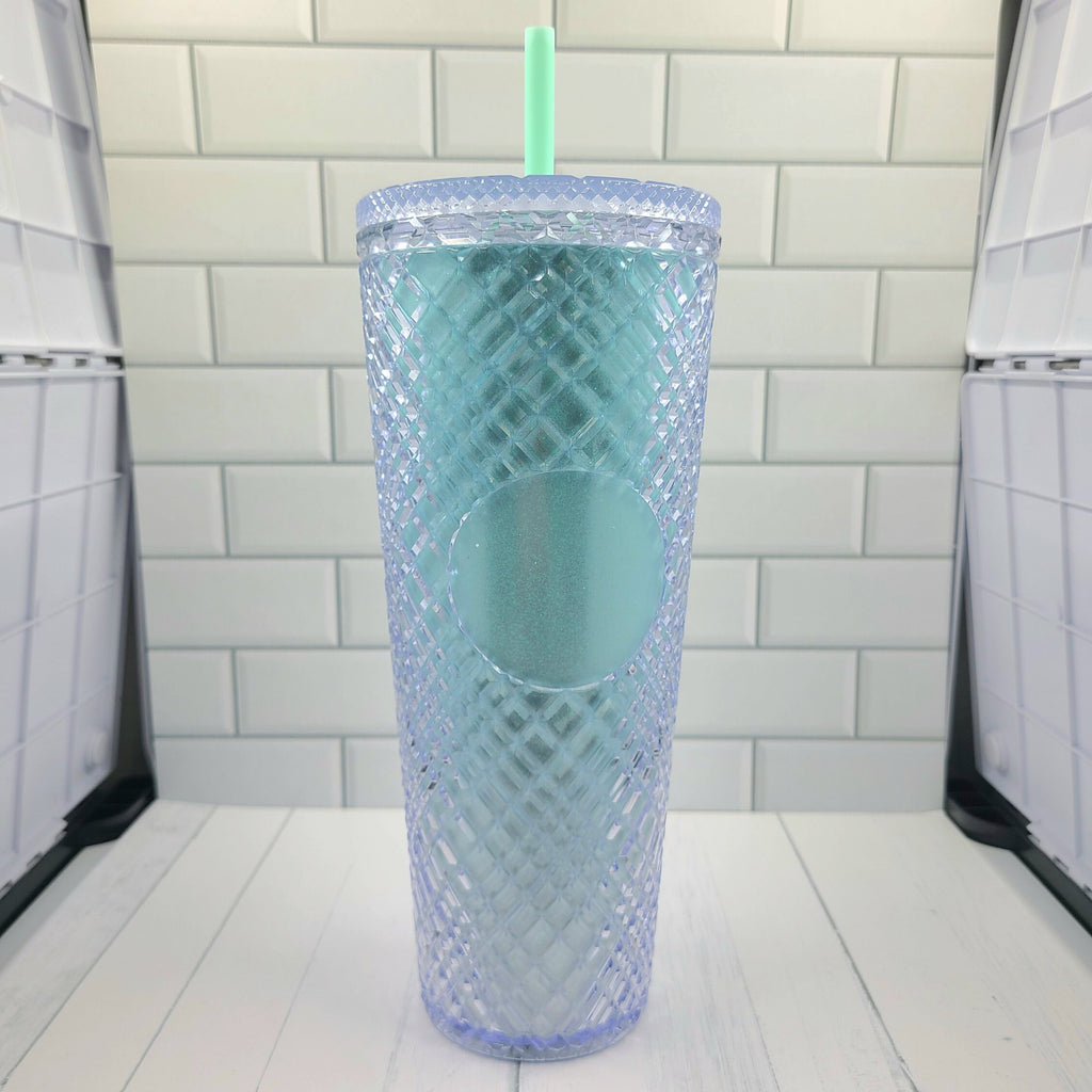 24oz Mint Shimmery Diamond Grid Studded Textured To Go Travel Tumbler Cup Blank Center Circle with Lid and Straw BPA Free