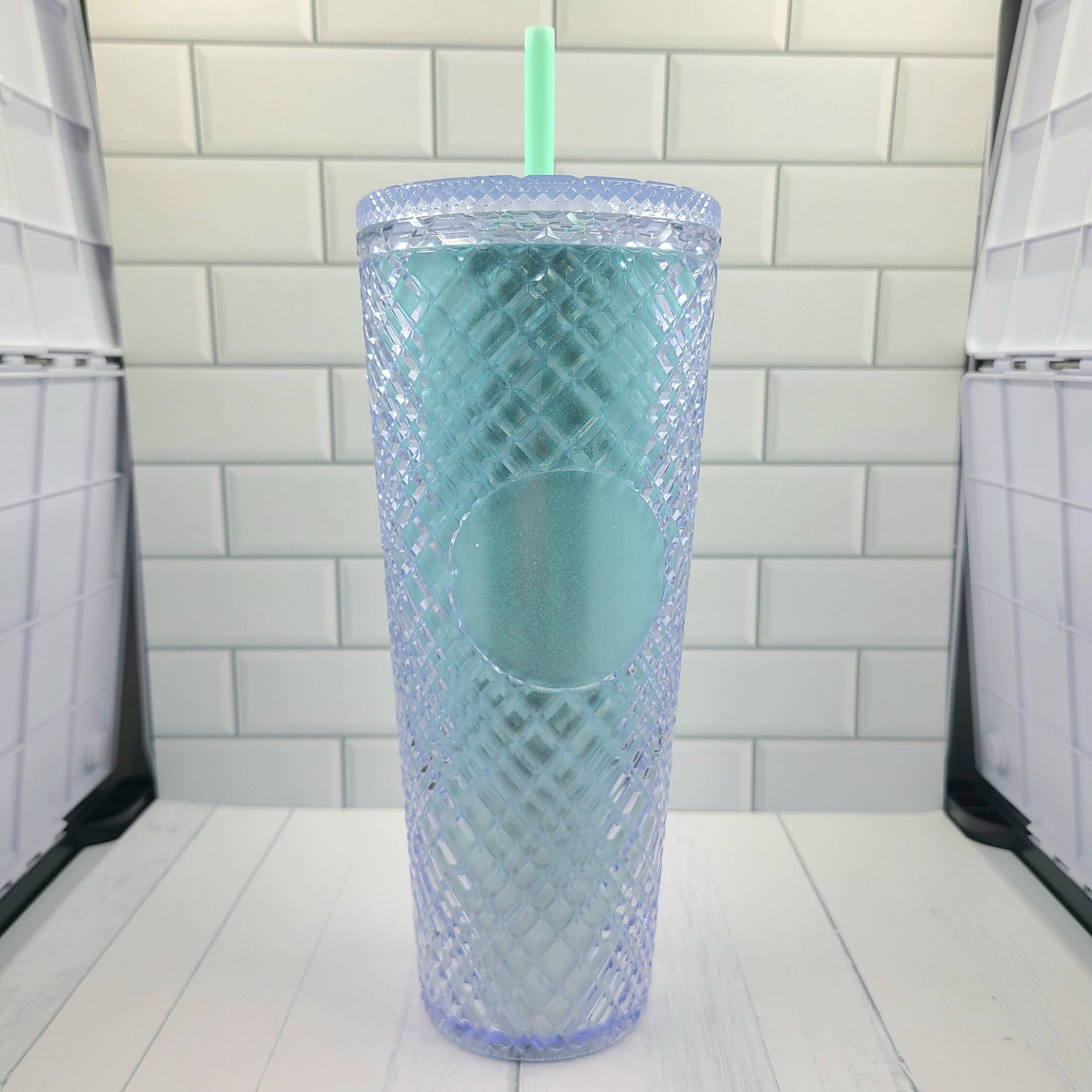 24oz Mint Shimmery Diamond Grid Studded Textured To Go Travel Tumbler Cup Blank Center Circle with Lid and Straw BPA Free
