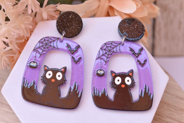 Abstract Shape Halloween Cute Cat Glitter Acrylic Purple Holiday Women Girls Dangle Earrings Emo Goth Steampunk