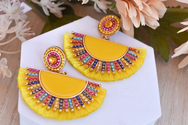 Statement Boho Yellow Fan Shape Beaded Tassel Dangle Earrings Women Gifts Vacation