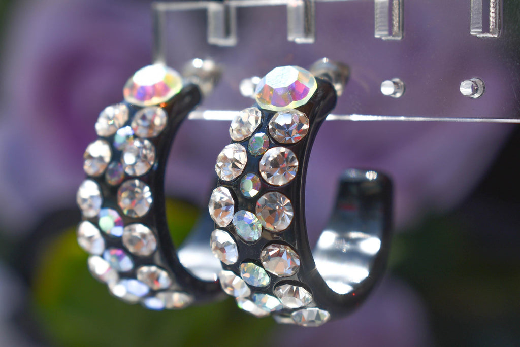 Black Bling Statement Semi Wide Clear/AB Rhinestones 1" Women's Hoop Earrings Pageant Weddings Night Out Diva Pageant