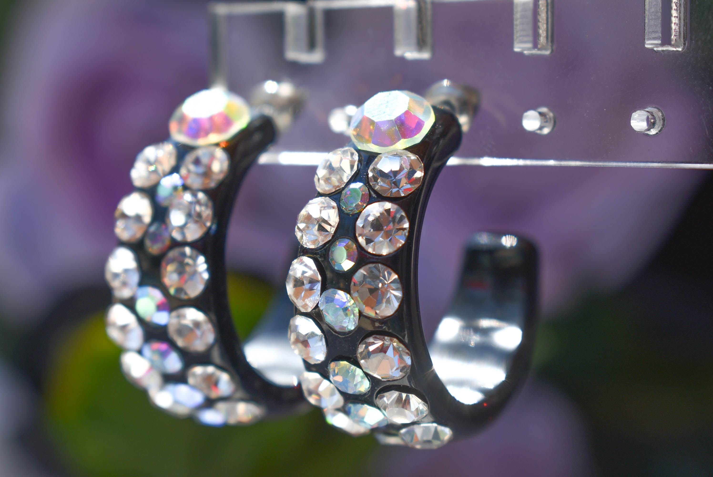 Black Bling Statement Semi Wide Clear/AB Rhinestones 1" Women's Hoop Earrings Pageant Weddings Night Out Diva Pageant