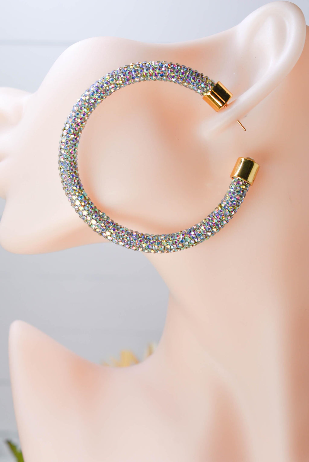 2.5" Ladies Bohemian Clear Iridescent Rhinestone Sparkle Wrap Pave Open Hoop Earrings Stone Accent Women Party Night Out