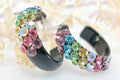Black Diagonal Pattern Bling Lucite Light Multicolor Rhinestones 1.25" Hoop Earrings Pageant Weddings Night Out