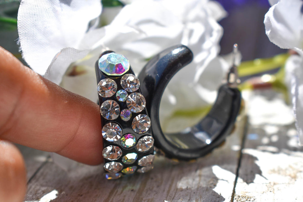 Black Bling Statement Semi Wide Clear/AB Rhinestones 1" Women's Hoop Earrings Pageant Weddings Night Out Diva Pageant