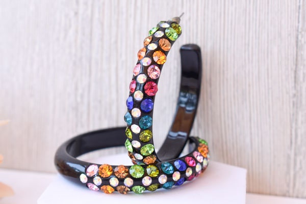 Black 3 Row Bling Statement Acrylic Lucite Multicolor Rhinestones 2.5" Women's Hoop Earrings Pageant Weddings Night Out