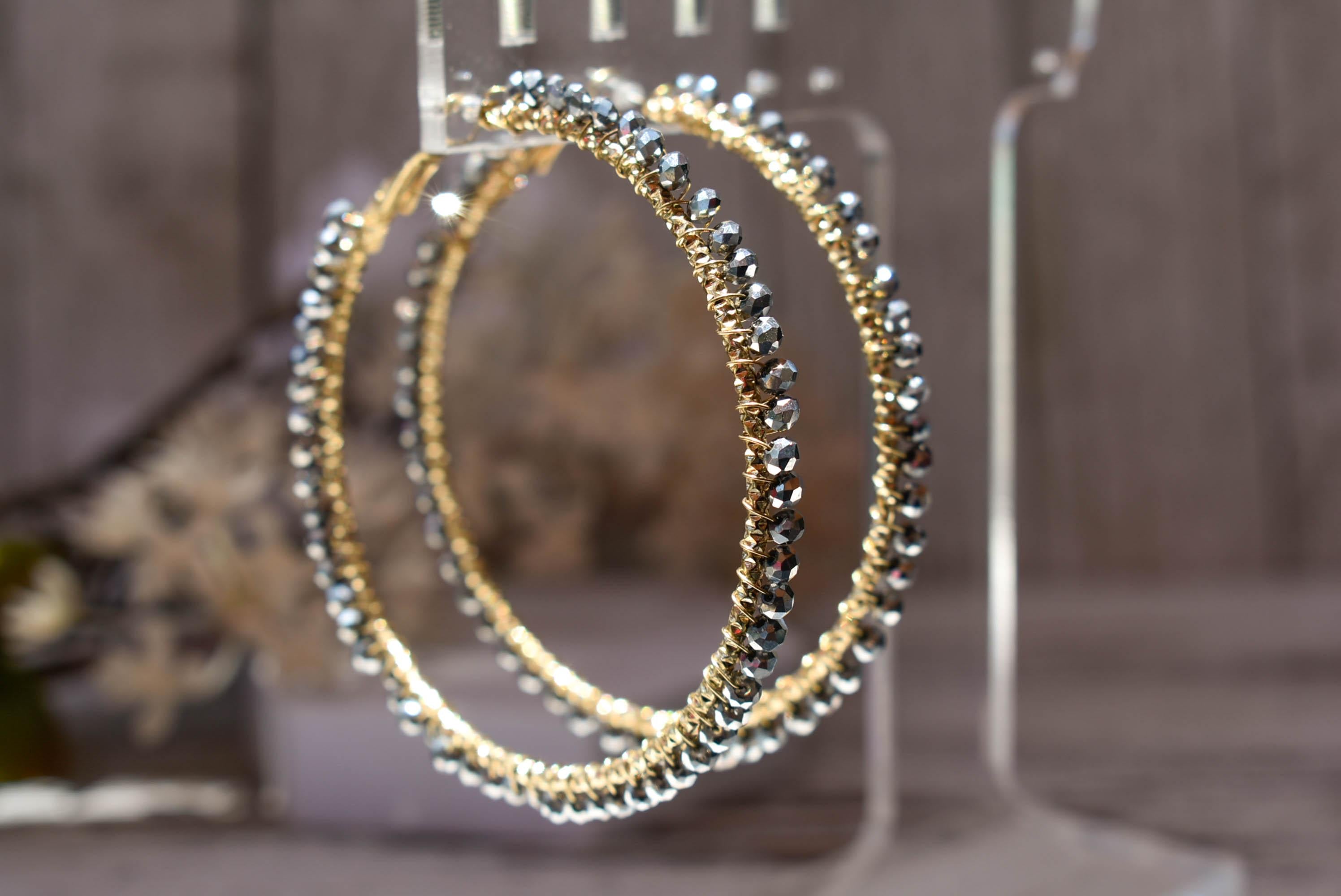 Statement Boho Hematite Gray Mini Crystal Glass Beads 2.75" Gold Tone Hoop Earrings Stylish Jewelry Women's Fashion Diva Accessory Pageant
