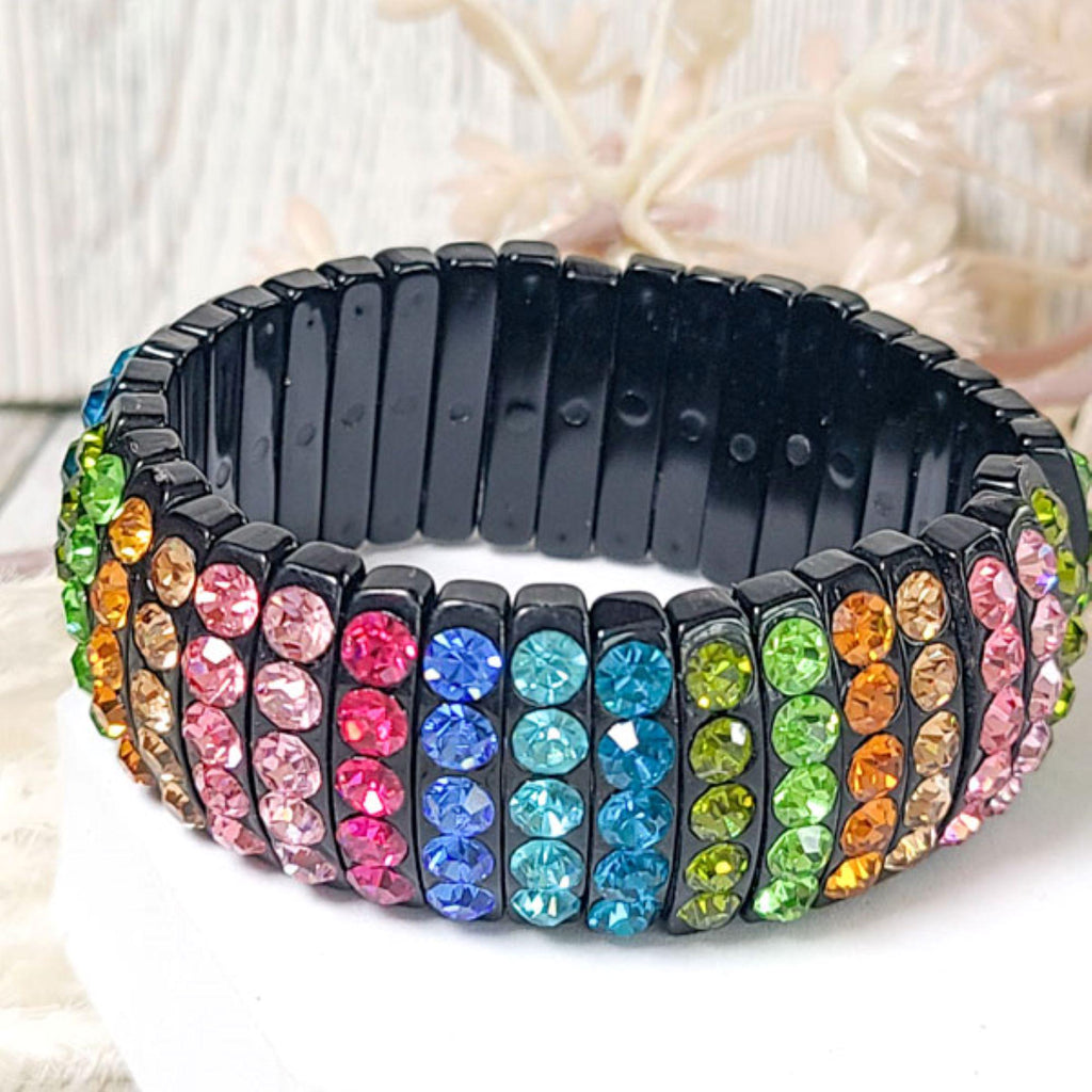 Black Stretch Segmented Bracelet with Multicolor Rhinestones Women's Fashion Statement Jewelry Pageant Night Out