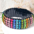 Black Stretch Segmented Bracelet with Multicolor Rhinestones Women's Fashion Statement Jewelry Pageant Night Out