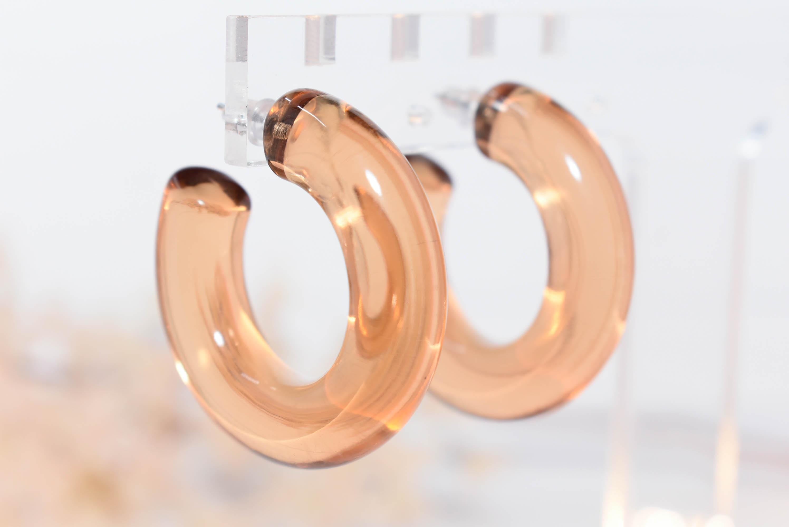 Translucent Light Amber Retro Boho Semi Chunky Lucite Jelly 1.5" Hoop Earrings