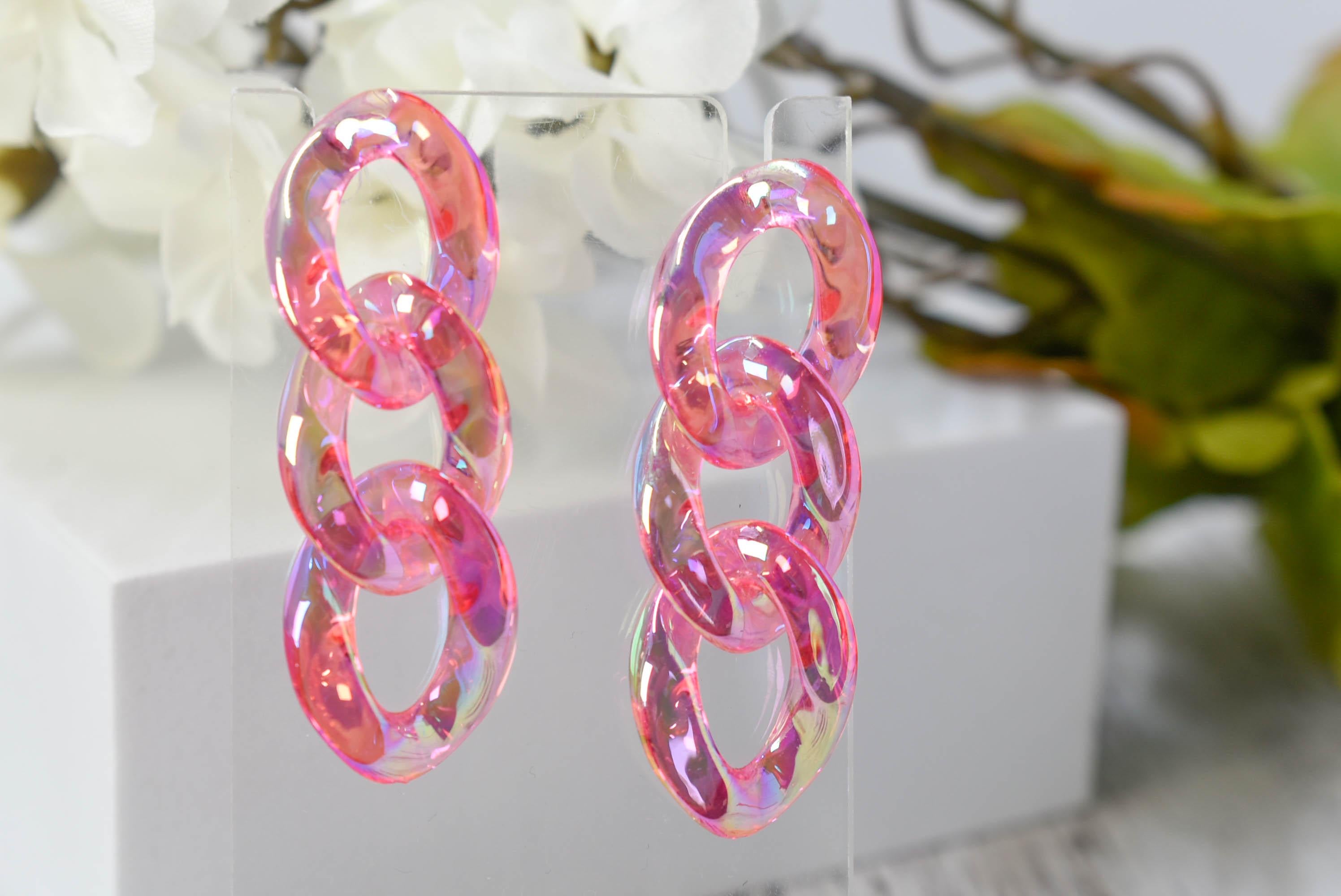 Statement Boho Translucent Pink Iridescent Coating Lucite Chain Link Drop Dangle Earrings Bachelorette Girls Night