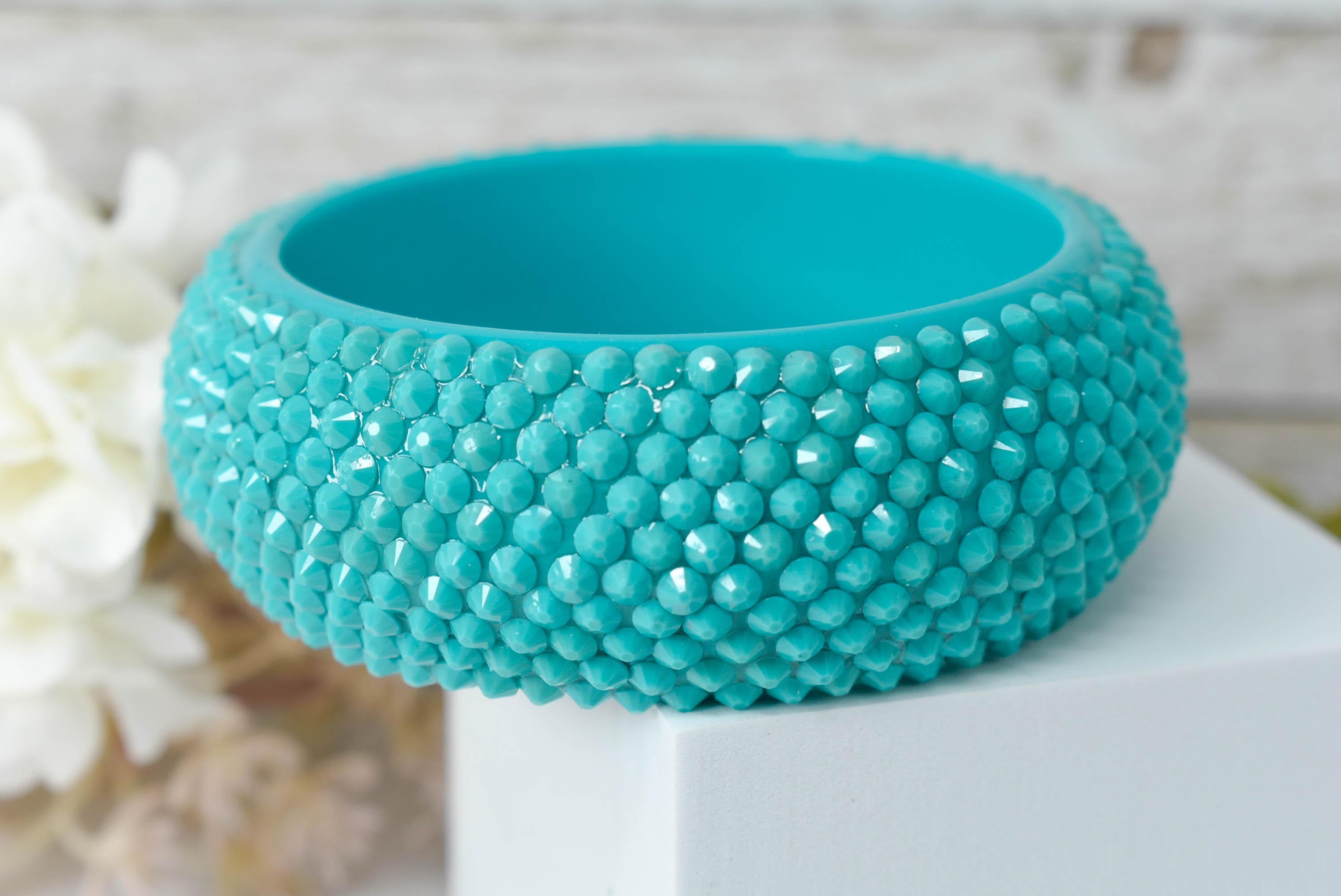 Retro Neon Aqua Blue Chunky Rhinestone Embellished Summer Bangle Bracelet