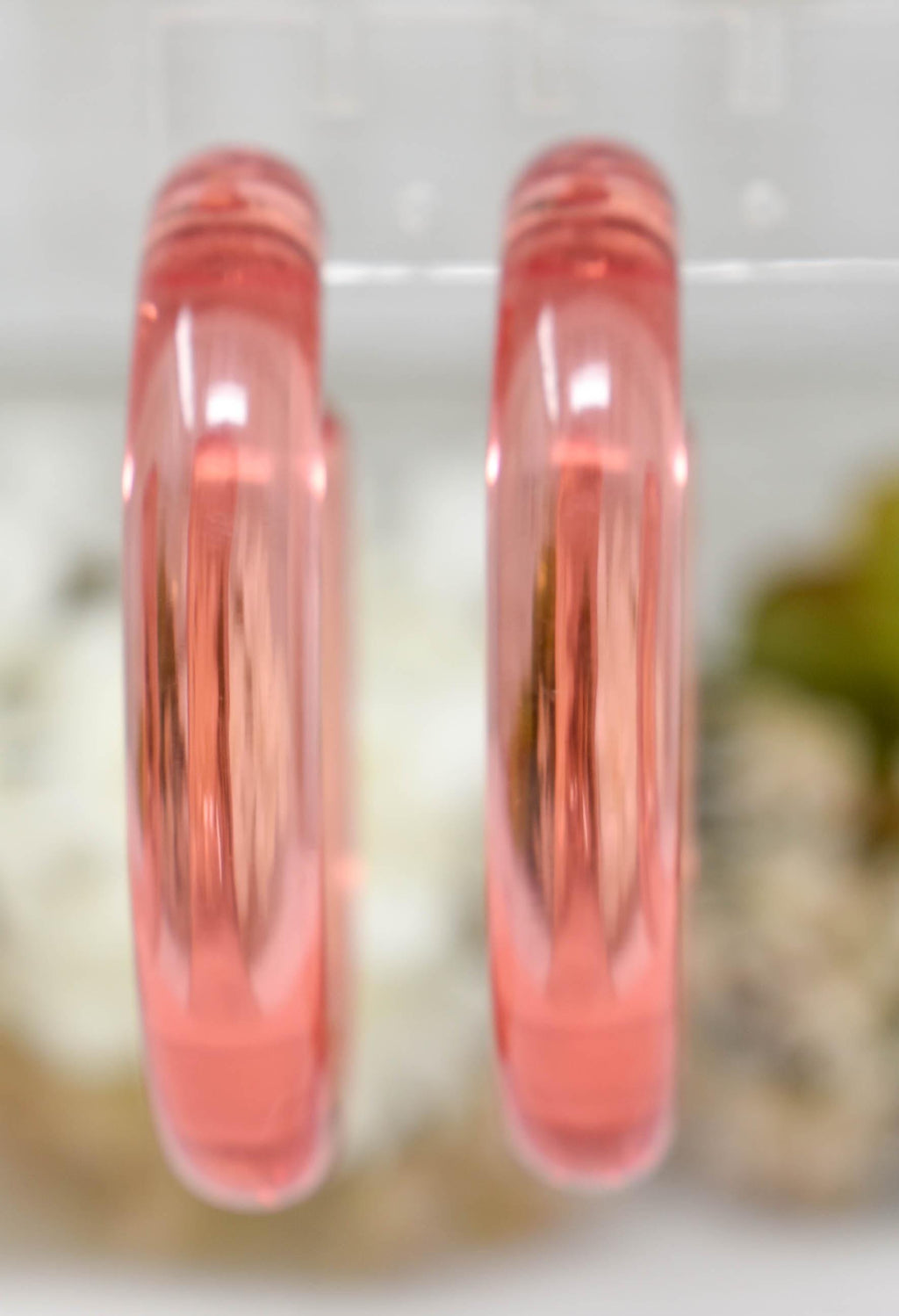 Translucent Clear Pink Peach Retro Chunky Lucite Hoop Earrings