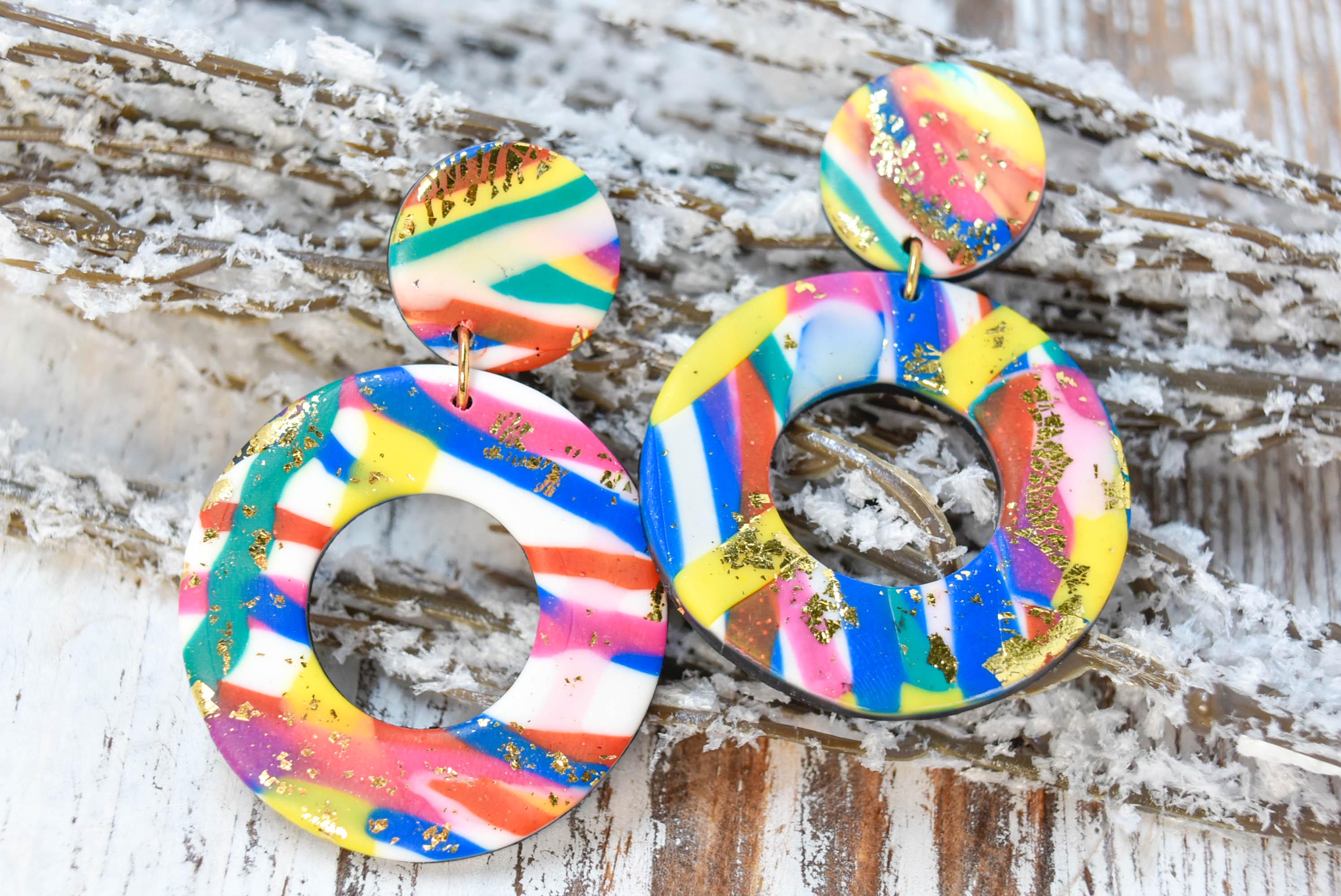 Boho Fashion Statement Handmade Multicolor Polymer Clay "Annie" Dangle Drop Earrings Gifts Women Gold Flakes