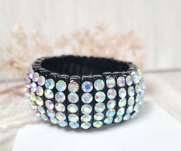 Black Stretch Segmented Bracelet with Iridescent (AB) Rhinestones Women's Fashion Statement Jewelry Pageant Night Out