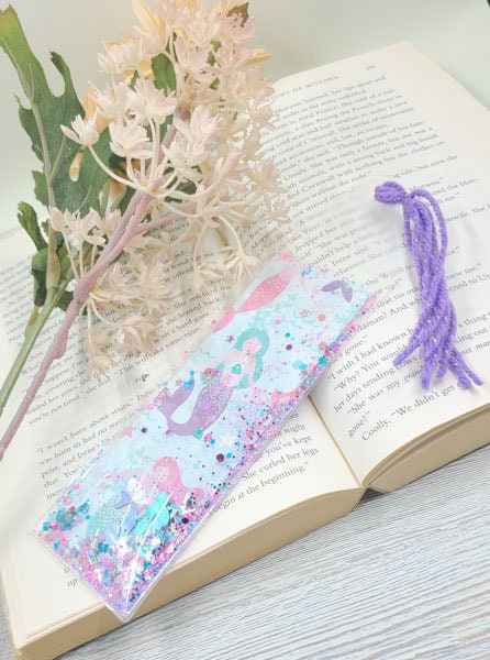 Mermaid Print Sea Theme Glow In The Dark Glitter & Sequin Shaker Bookmark Book Lovers Stocking Stuffer Gifts Kids
