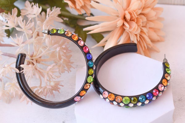 Black 3 Row Bling Statement Acrylic Lucite Multicolor Rhinestones 2.5" Women's Hoop Earrings Pageant Weddings Night Out