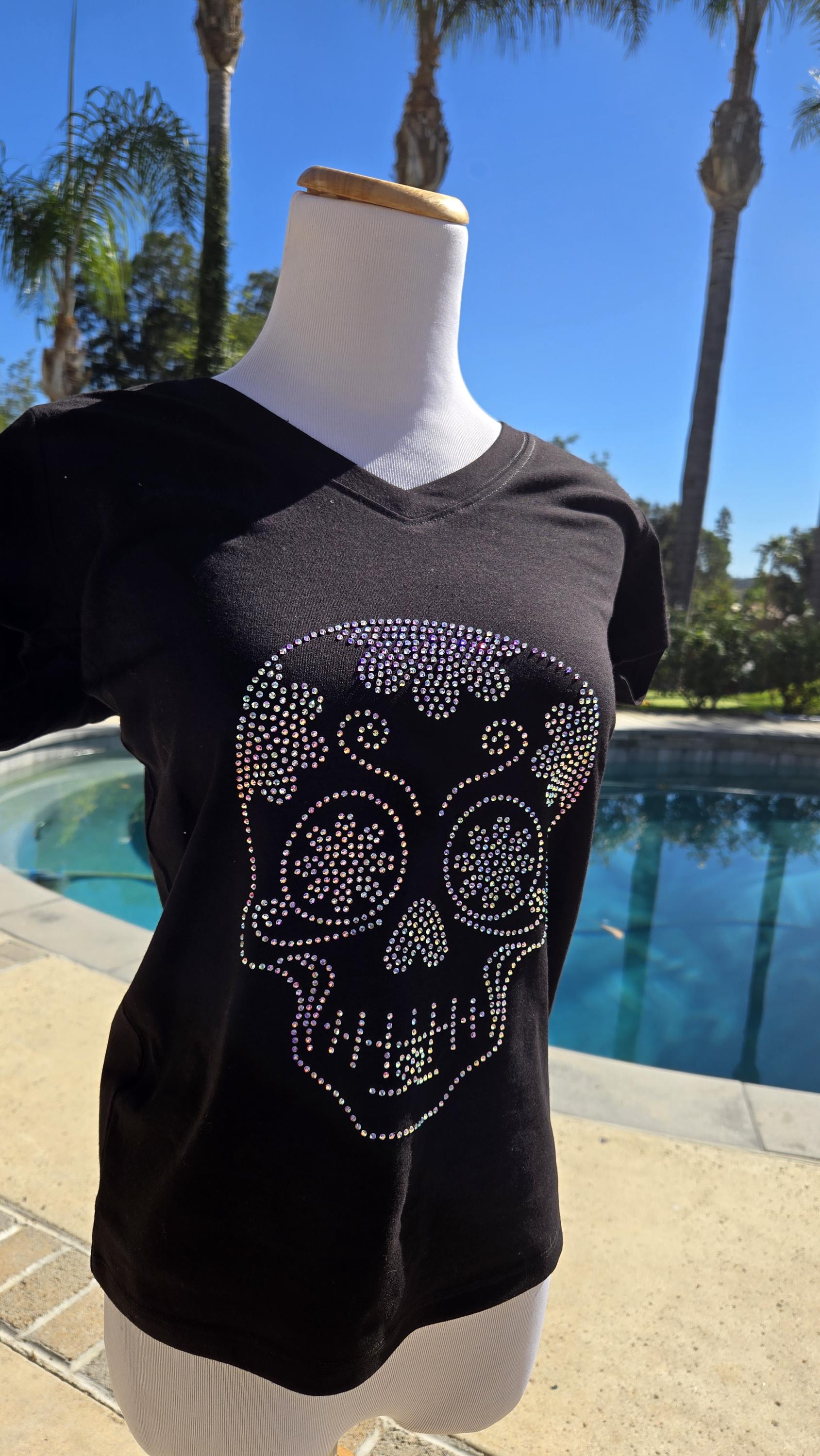 Iridescent Bling Sugar Skull Rhinestone Embellished V Neck T Shirt Dia De Los Muertos