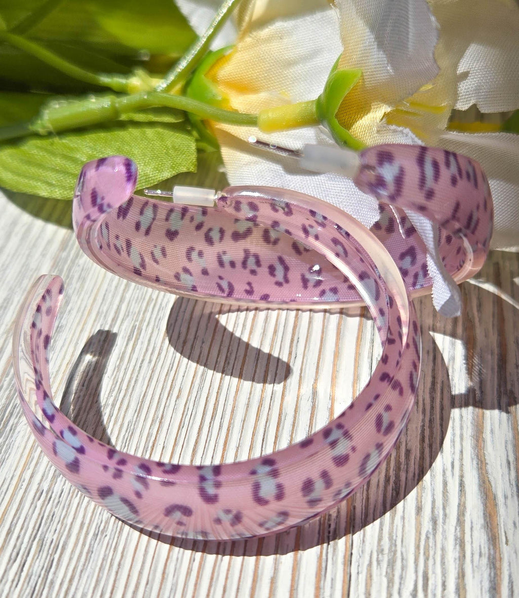 Translucent Pink Acetate Leopard Print Hoop Earrings 2" Stylish Statement Chic Hoops Animal Print Earrings