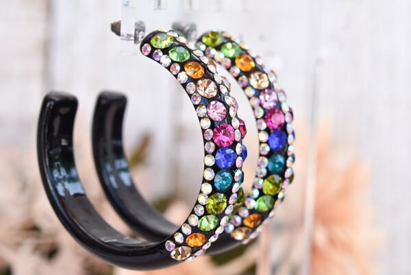 Black 5 Row Bling Statement Acrylic Lucite Multicolor Rhinestones 2" Women's Hoop Earrings Pageant Weddings Night Out Diva Pageant
