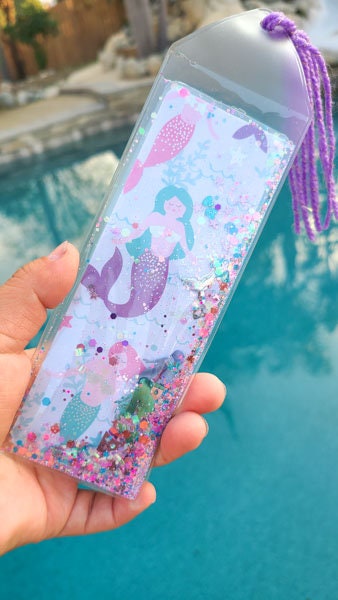 Mermaid Print Sea Theme Glow In The Dark Glitter & Sequin Shaker Bookmark Book Lovers Stocking Stuffer Gifts Kids