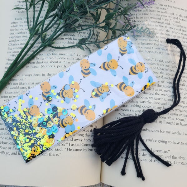 Cute Bumble Bee Theme Pattern Glitter & Sequin Shaker Double Sided Bookmark  Book Lovers Stocking Stuffer Gifts Kids Spring