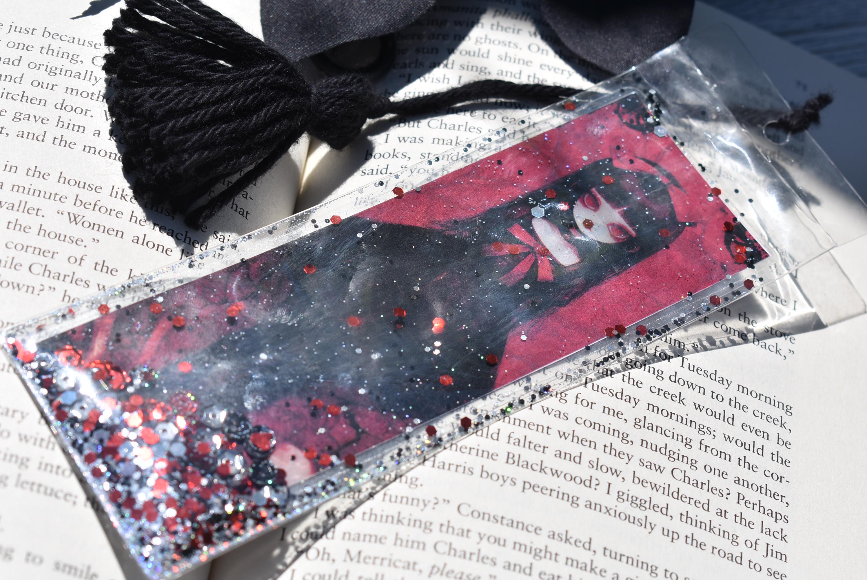 Double Side Print Gothic Girl Glitter & Sequin Shaker Bookmark Book Lovers Stocking Stuffer Gifts Kids Halloween Dark Mood