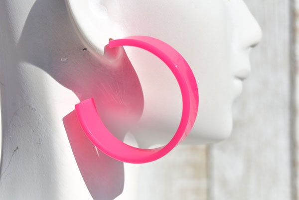80's Retro Bright Neon Pink Chandler Hoop Earrings Women Girls Costume Statement Festival Party Girls Night