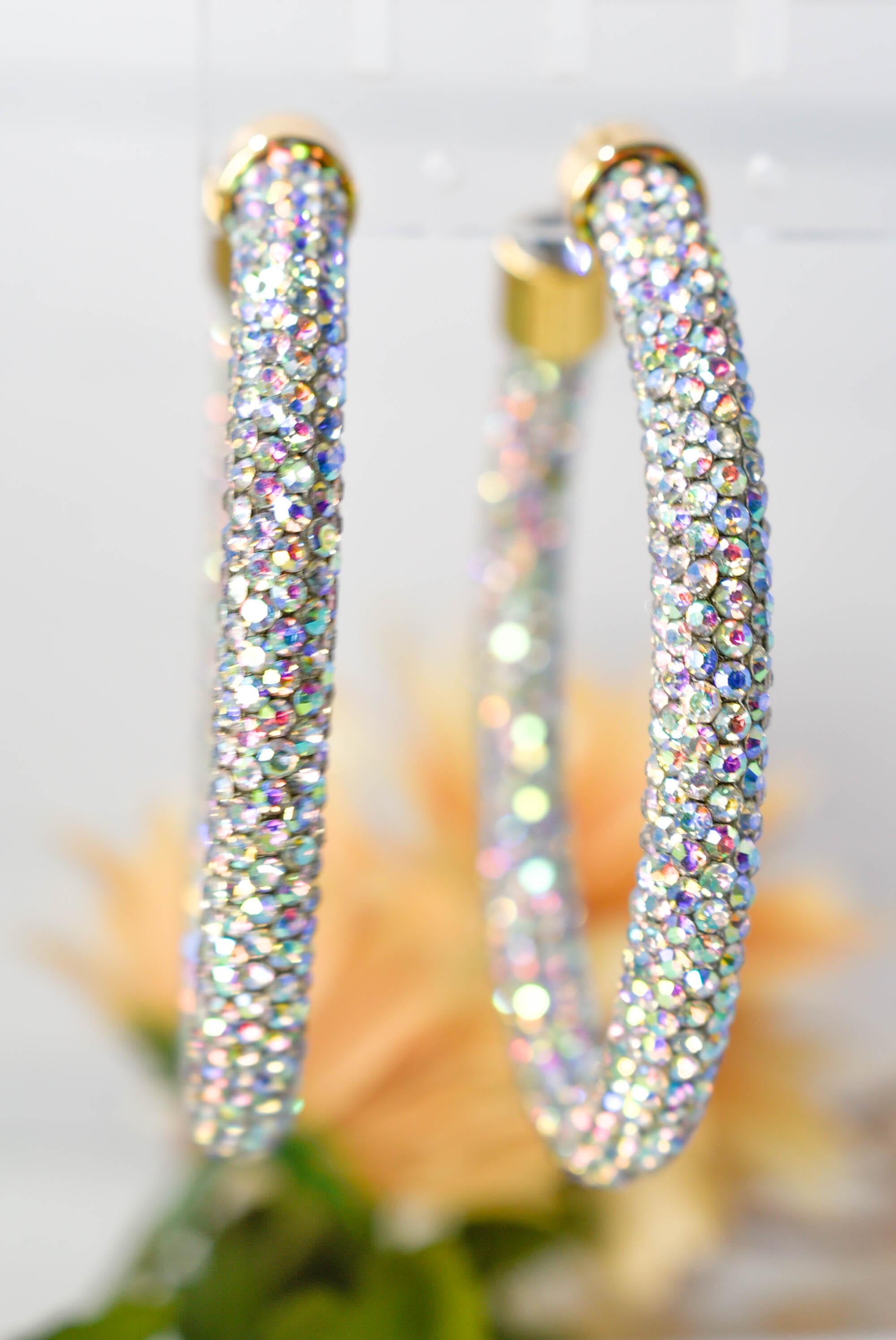 2.5" Ladies Bohemian Clear Iridescent Rhinestone Sparkle Wrap Pave Open Hoop Earrings Stone Accent Women Party Night Out