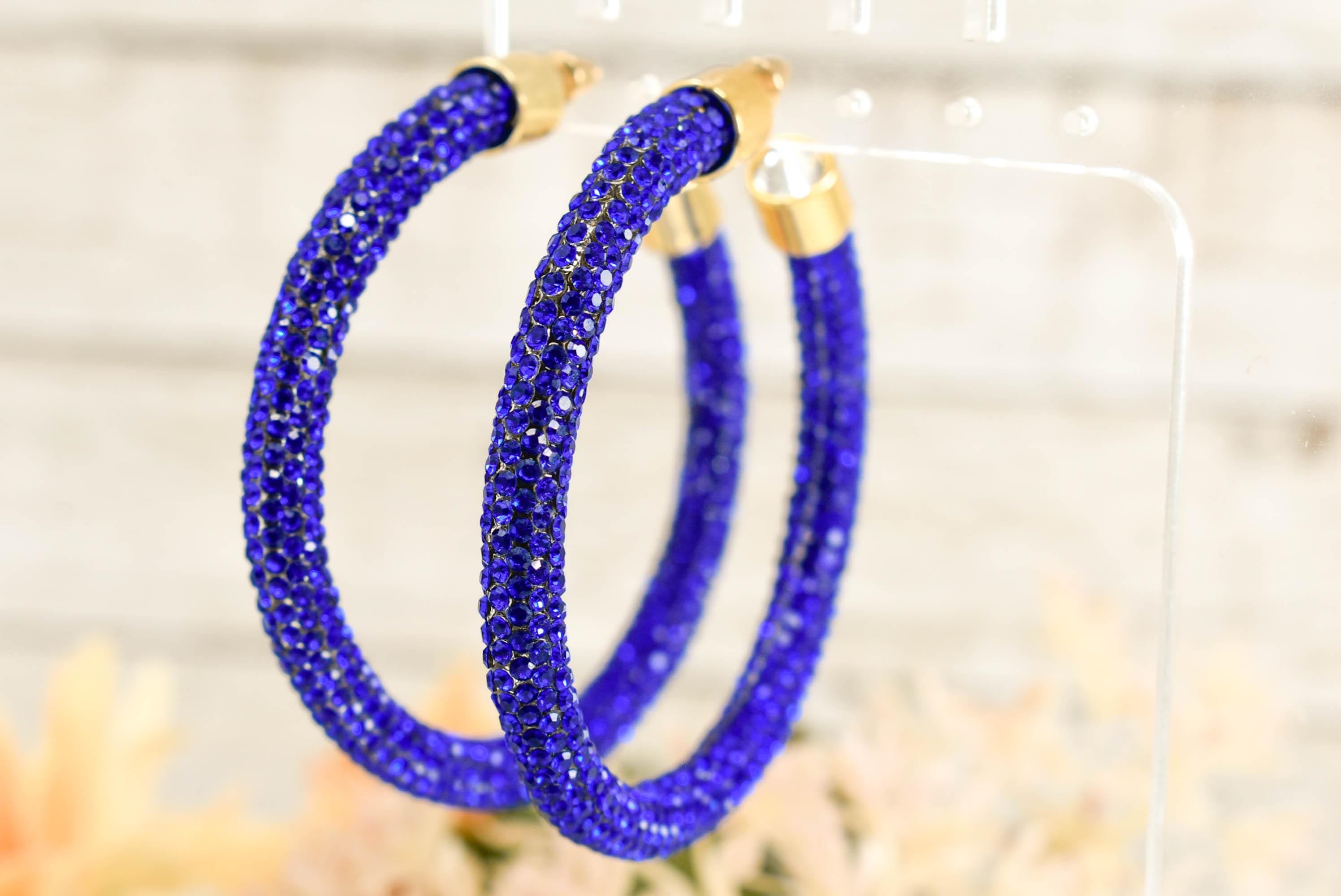 2.5" Ladies Bohemian Royal Blue Rhinestone Sparkle Wrap Pave Open Hoop Earrings Stone Accent Women Party Night Out