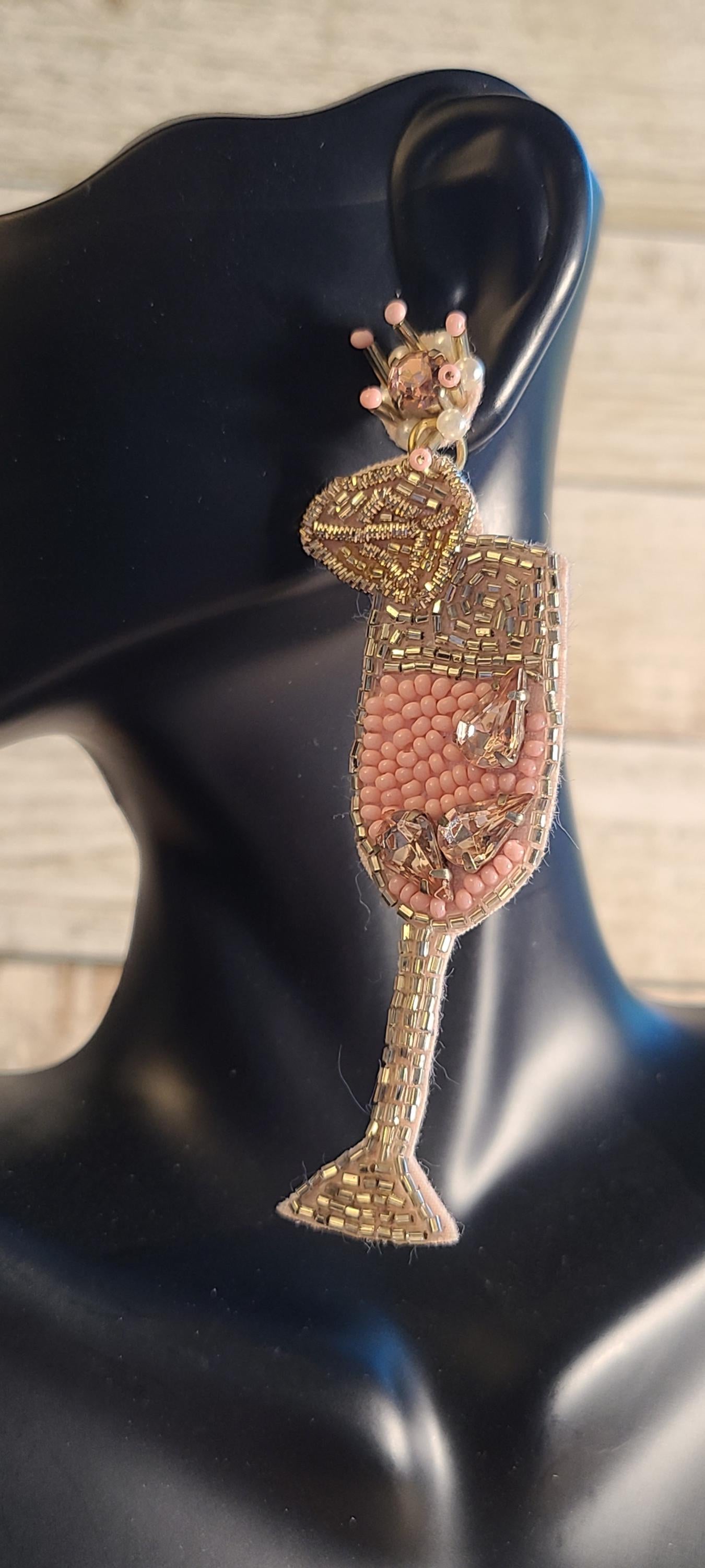 Bachelorette Bridal Shower Statement Pink Seed Bead Rhinestone Accent Champagne Flute Glass Dangle Drop Earrings Women Weddings Bride