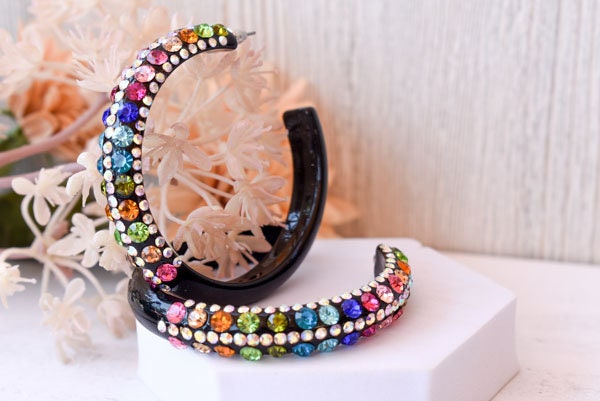 Black 5 Row Bling Statement Acrylic Lucite Multicolor Rhinestones 2.5" Women's Hoop Earrings Pageant Weddings Night Out Diva Pageant