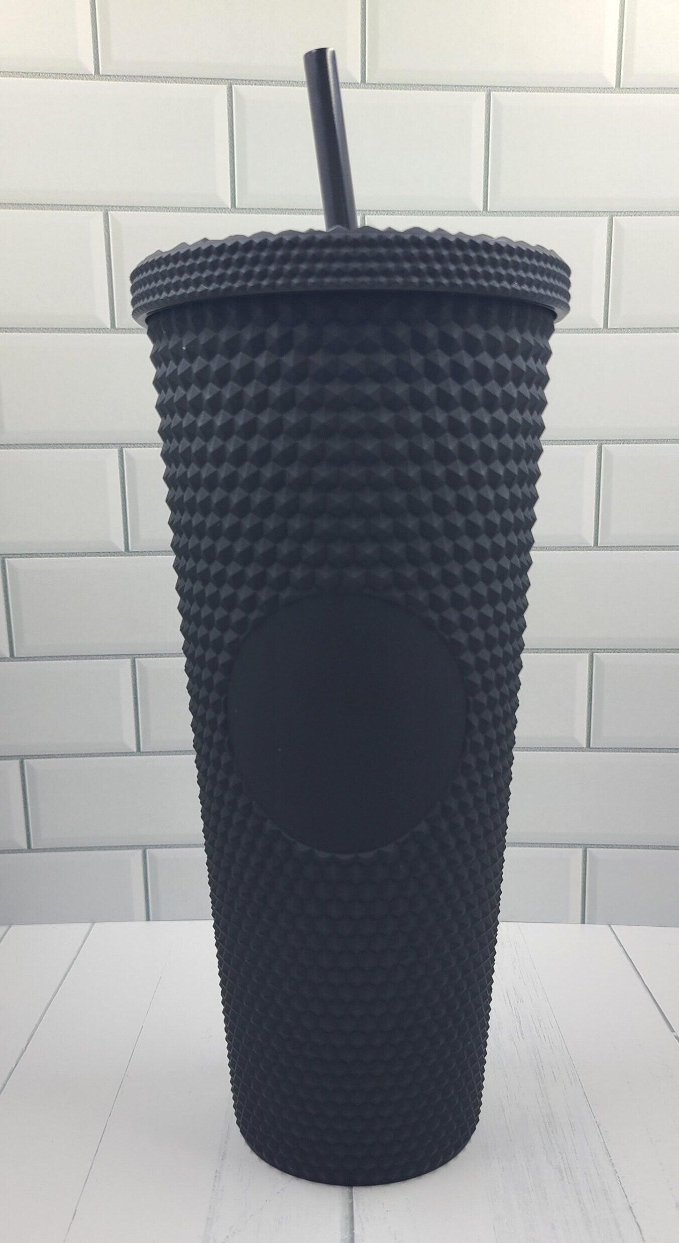 24oz Black Matte Studded Soft Texture To Go Travel Tumbler Cup Blank Center Circle with Lid and Matching Straw