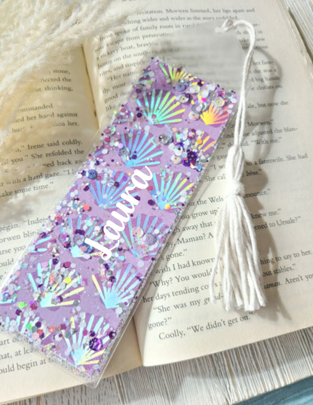 Sea Shell Print Mermaid Sea Theme Glow In The Dark Glitter & Sequin Shaker Bookmark Book Lovers Stocking Stuffer Gifts Kids