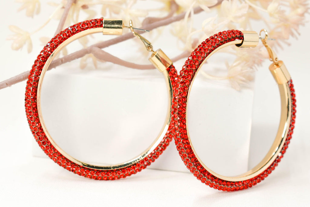 2.5" Large Red Bling Diva Pave Resin Set Rhinestone Hoop Earrings Women Party Night Out