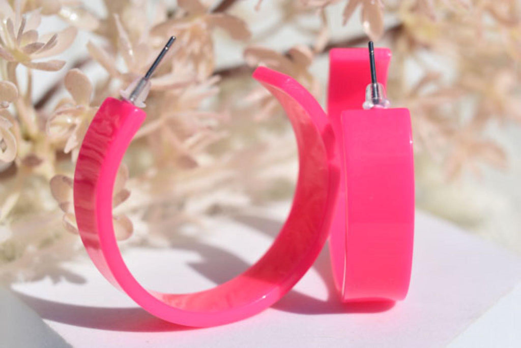 80's Retro Bright Neon Pink Chandler Hoop Earrings Women Girls Costume Statement Festival Party Girls Night