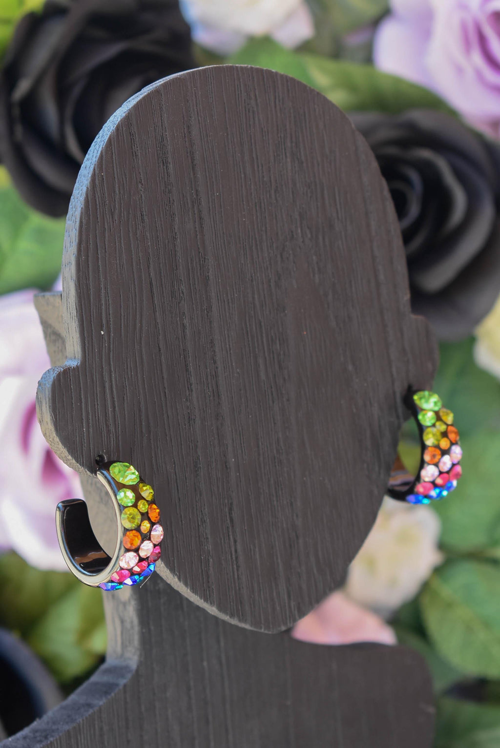 Black Bling Statement Semi Wide Multicolor Diagonal Rhinestones 1" Women's Hoop Earrings Pageant Weddings Night Out Diva Pageant