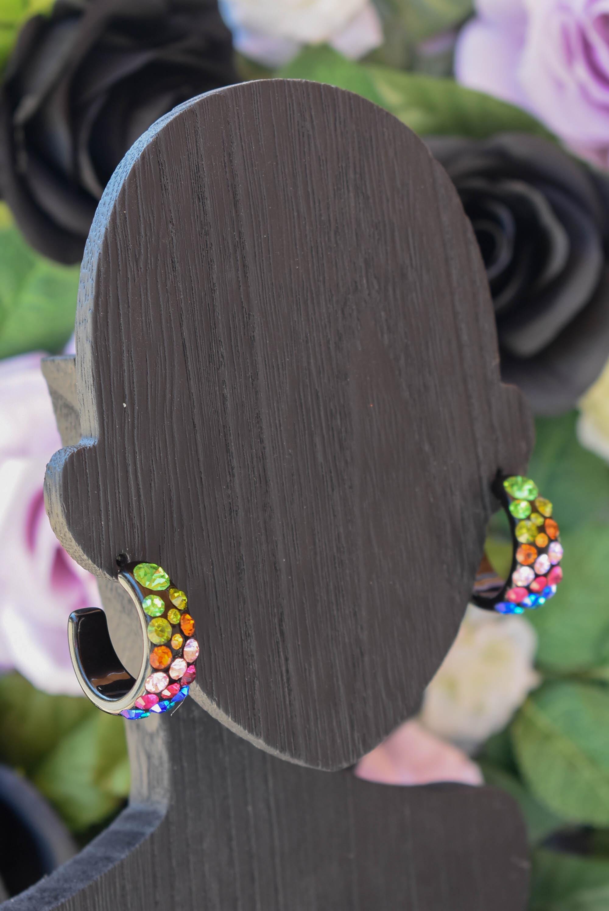 Black Bling Statement Semi Wide Multicolor Diagonal Rhinestones 1" Women's Hoop Earrings Pageant Weddings Night Out Diva Pageant