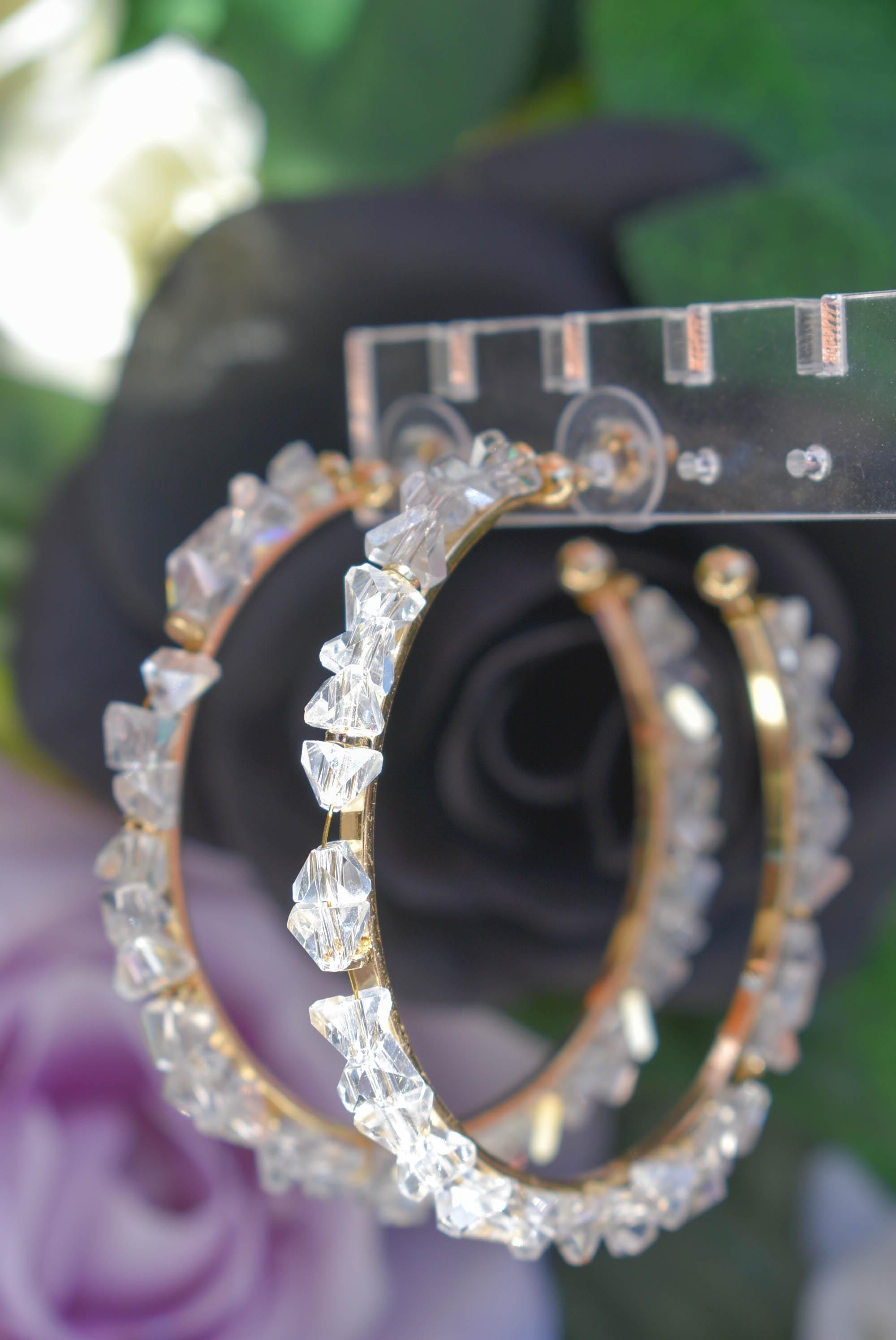 Statement Boho Clear Glass Pyramid Cut Beads 2.5" Gold Tone Hoop Earrings Stylish Jewelry Women's Fashion Diva Accessories