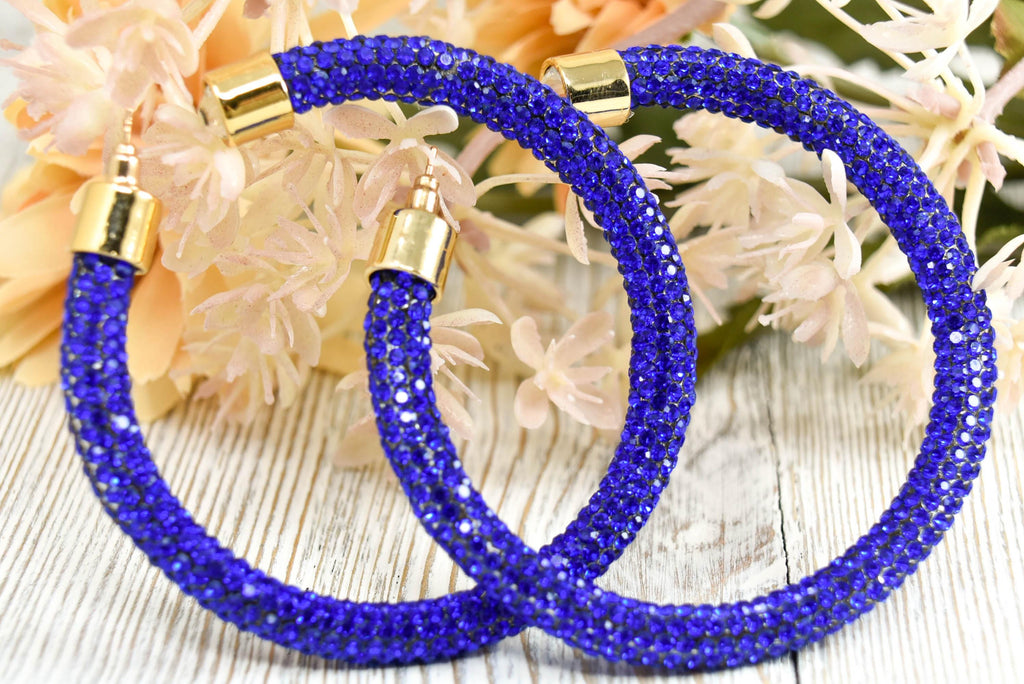 2.5" Ladies Bohemian Royal Blue Rhinestone Sparkle Wrap Pave Open Hoop Earrings Stone Accent Women Party Night Out