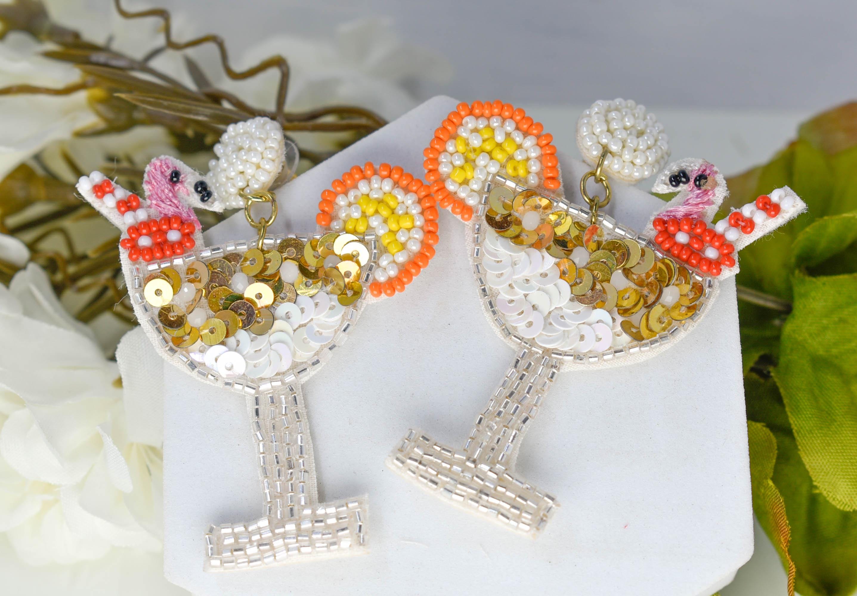 Summer Statement Seed Bead Martini Cocktail Flamingo Topper Party Dangle Earrings Girls Night Out