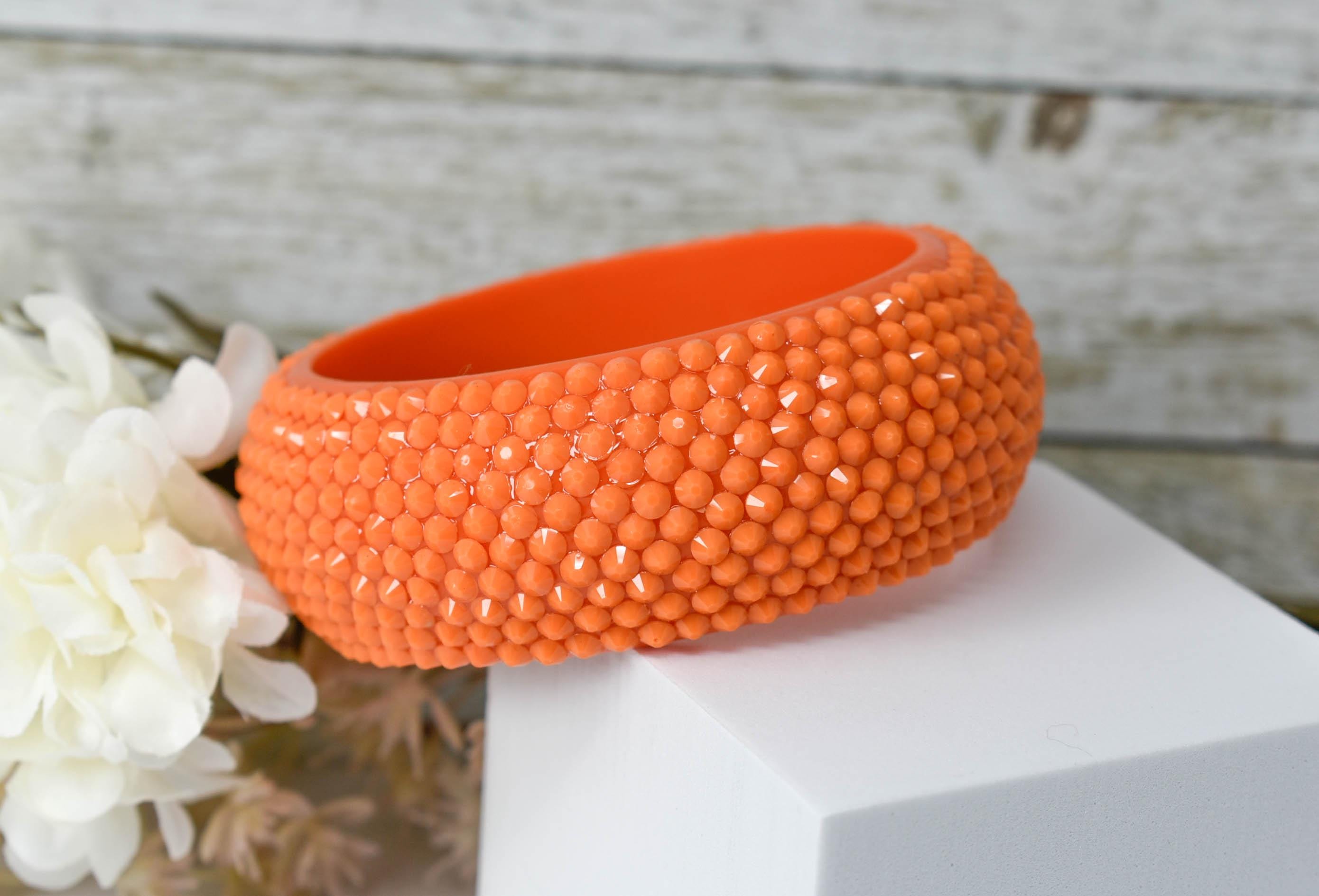 Retro Neon Orange Chunky Rhinestone Embellished Summer Bangle Bracelet Pageants Night Out Fashion Statement Bling Jewelry 80s