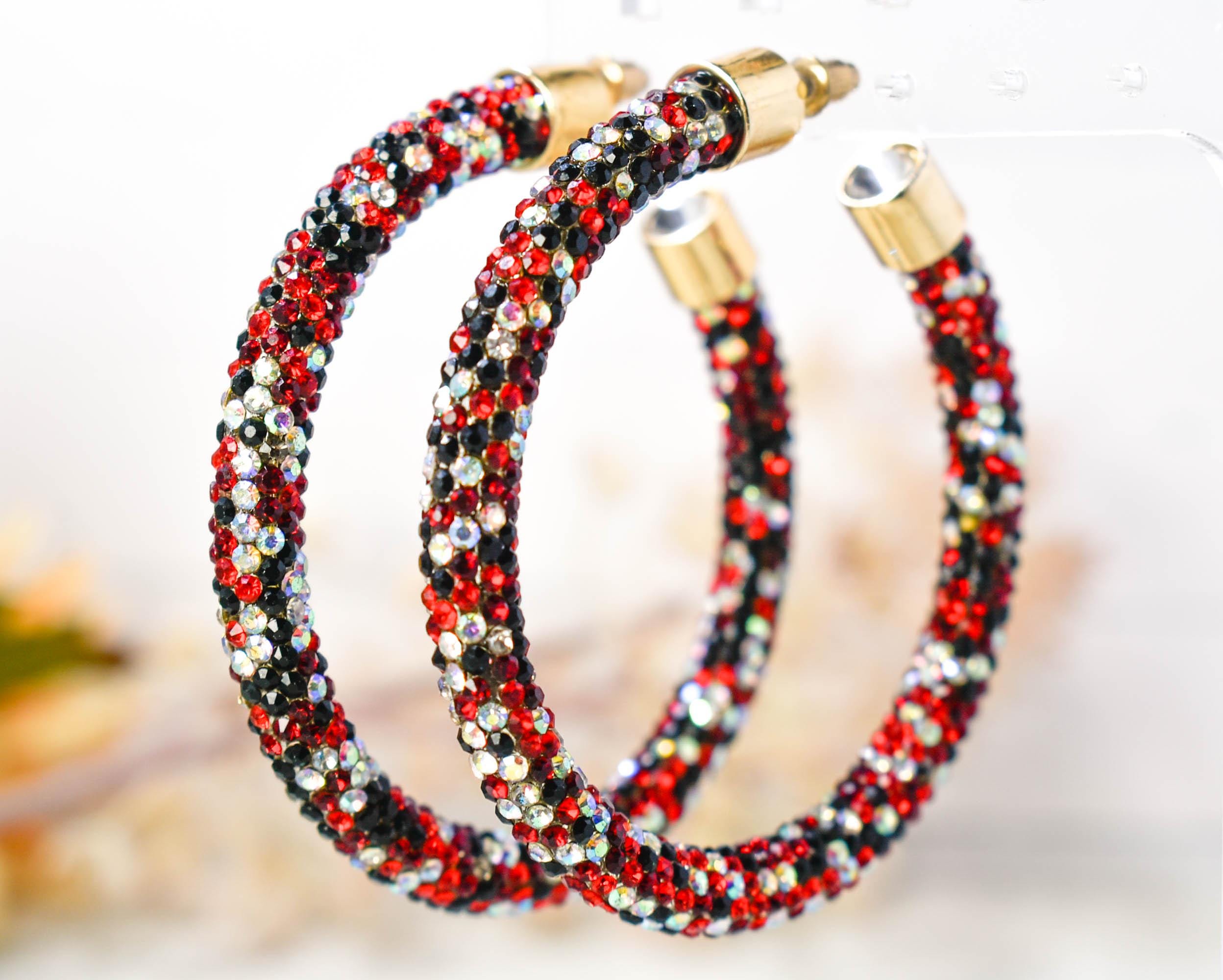 2.5" Ladies Bohemian Multi Tone Red Black Clear Rhinestone Sparkle Wrap Pave Open Hoop Earrings Stone Accent Women Party Night Out Bling