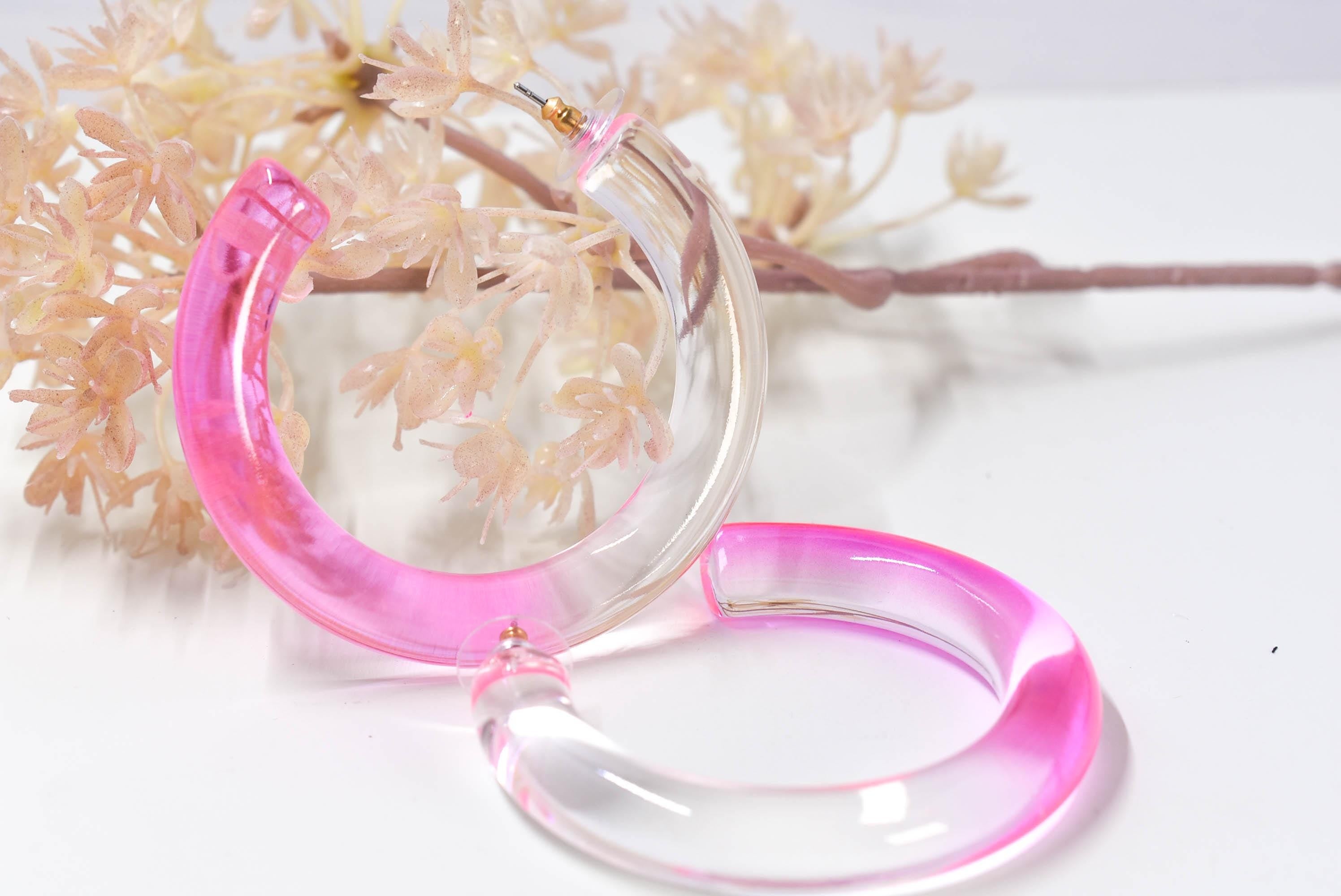Translucent Gradient Clear Pink Retro Statement Chunky Lucite Ombre Hoop Earrings