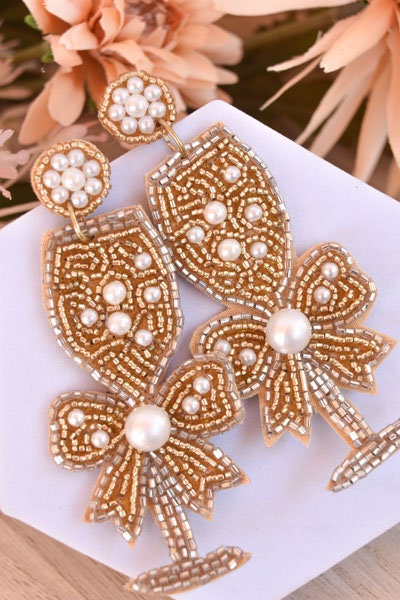 Bachelorette Bridal Shower Statement Gold Color Seed Bead Bow Accent Champagne Flute Glass Dangle Drop Earrings Women Weddings Bride