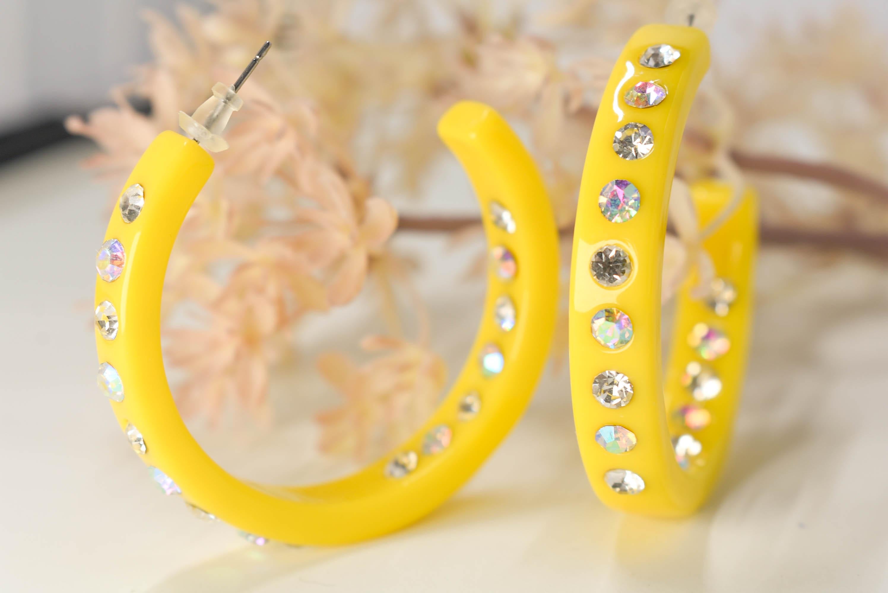 Yellow Color Single Row Bling Statement Lucite White Inner & Outer Rhinestones 2" Women's Hoop Earrings Pageant Weddings Night Out
