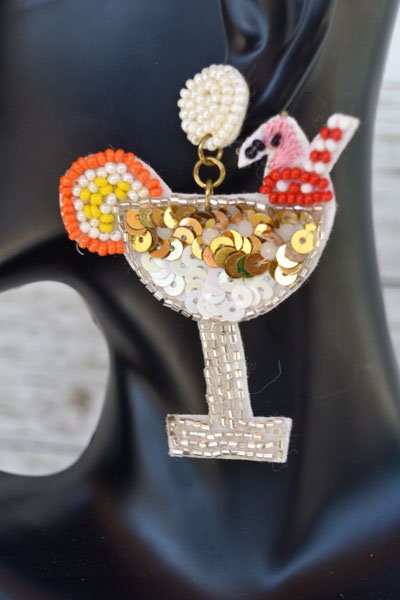 Summer Statement Seed Bead Martini Cocktail Flamingo Topper Party Dangle Earrings Girls Night Out